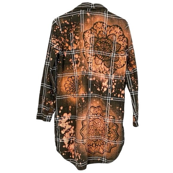 Handmade Flannel Dress Womens Small Boho Stencil Bleached Floral Tunic Green - Picture 2 of 12